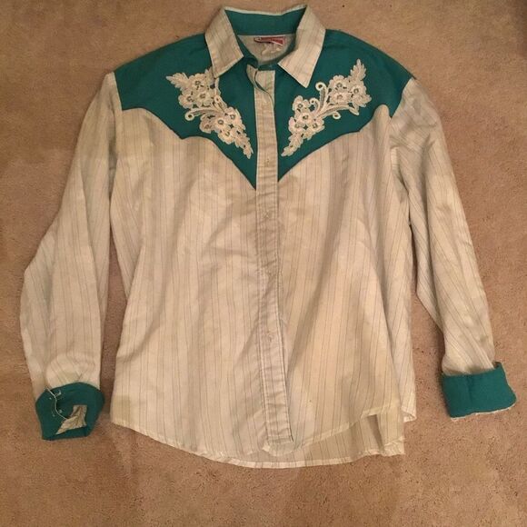 Vintage Deborah Haman Teal and Cream Western Shirt with Embroidery - Picture 1 of 6